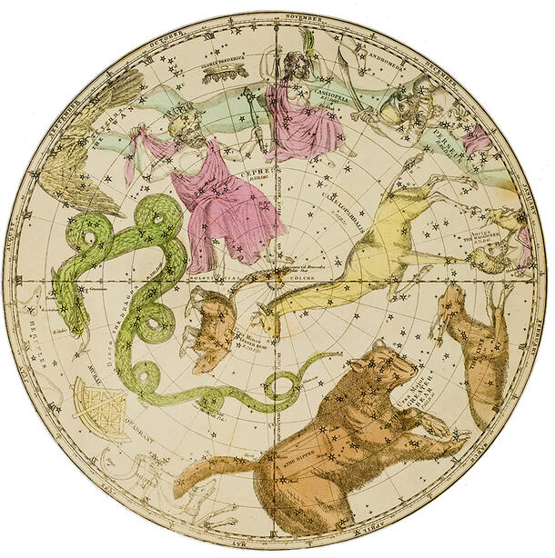 Highly illustrated celestial map featuring robed people, a dragon, a giraffe, a small and big bear, a swan and small stars.