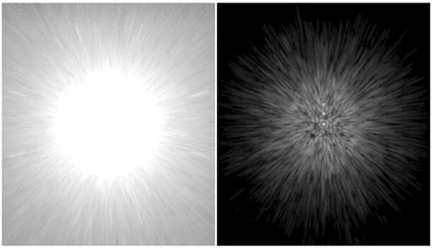 On left, very bright, pale star against light background. On right, darker, more subdued star against dark background.