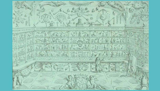 Illustration of two men in a room full of shelves of various objects such as vases and figures, with additional figures and swords on the wall above.