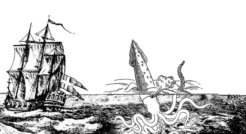 Illustration of a giant squid half-emerging from the water, with tentacles underwater, in front of a ship.