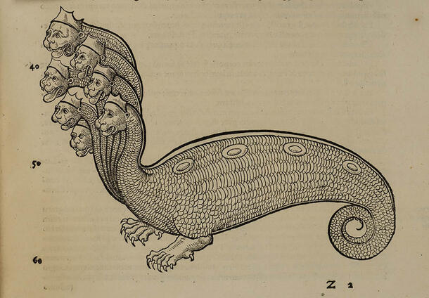 Illustration of an hydra with curled tail, clawed feet and seven heads each wearing crowns.