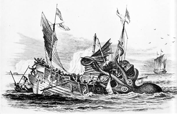 Illustration of a kraken emerging from the sea and attacking a ship, destroying the central sail as some sailors attempt to escape via rowboat. 