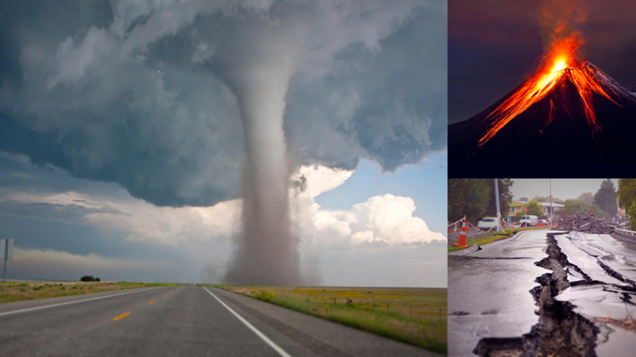 Composite image showing a tornado, an erupting volcano, and a road split by an earthquake.