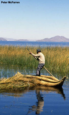 A man standing in and rowing a boat on a river.