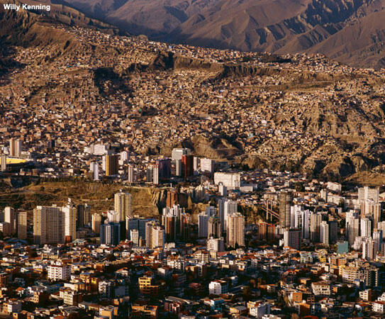 Aerial view of La Paz, Bolivia's capital, nestled in the mountains.