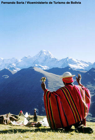 A Kallawaya in a grassy field with mountains in the background.