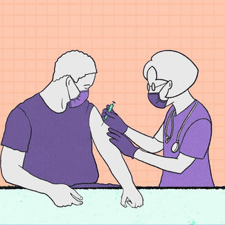 A medical professional wearing a mask administers a shot into the upper arm of another person wearing a mask.