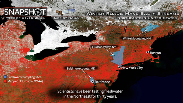 Titled “Winter Roads Make Salty Streams,” NASA image map of northeast United States shows freshwater sampling sites and mapped roads.