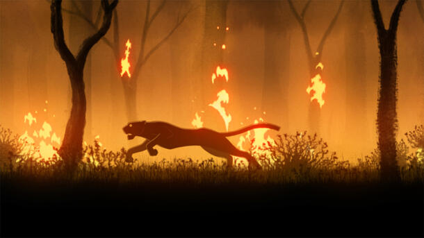 An animated still of a big cat running through grass and trees which are on fire.