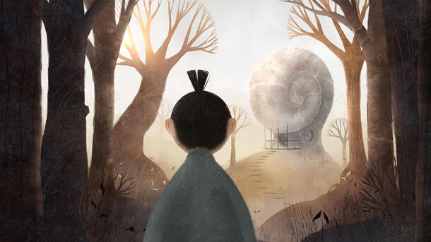 An animated still of a young child from the back looking toward a path out of a dark forest toward a structure resembling a snail shell.