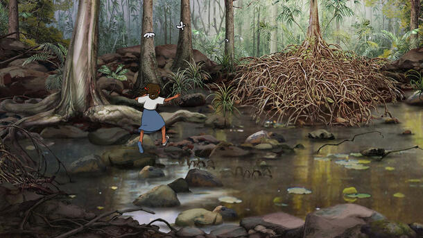 An animated still of a child in a forest walking over a pond using protruding rocks.