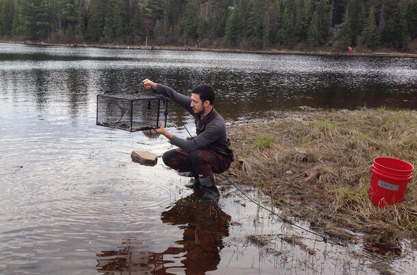 Foox squats near the water's edge and holds a specimen cage.