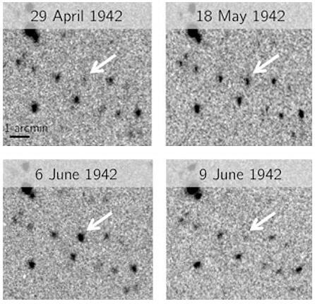 Four images dated from April 29, 1942 to June 9, 1942, show a dwarf nova eruption in space.