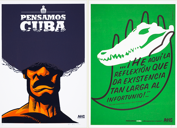 Man with afro hairstyle containing a hair pick and the words Pensamos Cuba (left); cuban crocodile skull held in the outline of a hand (right).