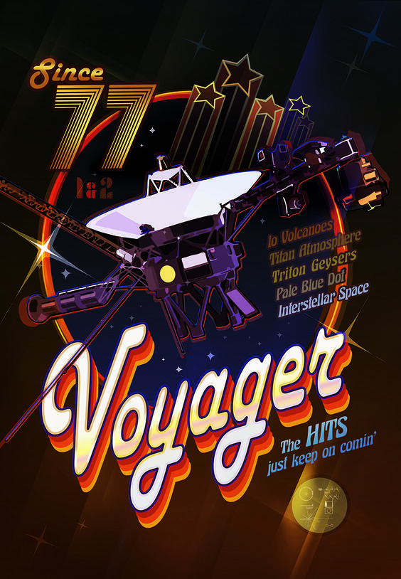Voyager illustration styled like a '70s record album, with text that reads "Since '77", "Voyager", "The Hits just keep on comin' ".