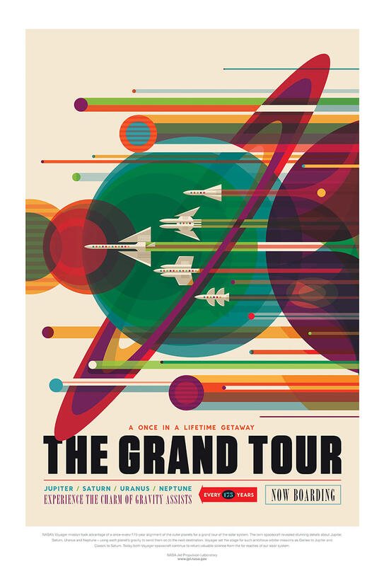 Multiple rocketships race through the rings of Saturn, surrounded by other planets, text reads "The Once in a Lifetime Getaway, The Grand Tour".