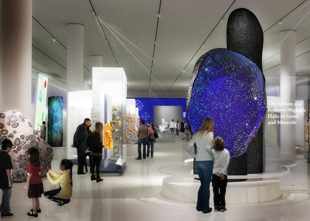 Adult and child gaze up at tall geode specimens while other visitors examine additional displays in the Hall.