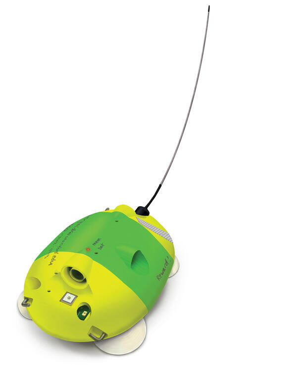 A rendering showing a whale tag equipped with a camera, GPS, a transmitter.