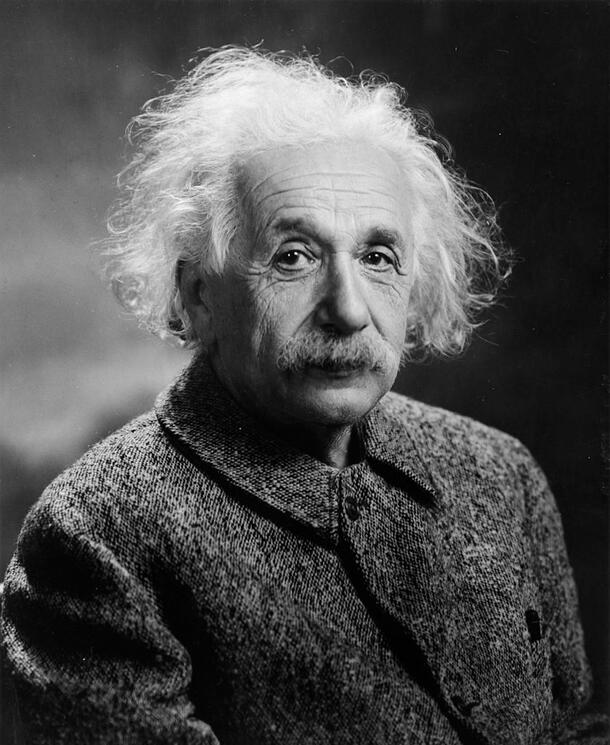 Portrait of Albert Einstein in his later years, sporting his iconic longish and unruly grey hair.