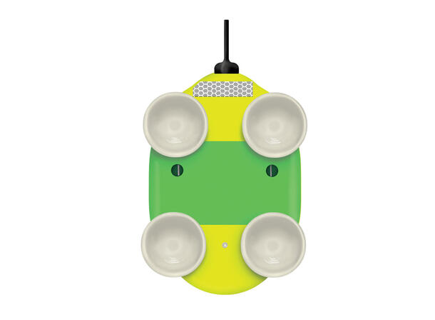Illustration of the underside of a whale tag, on which four suction cups are mounted.