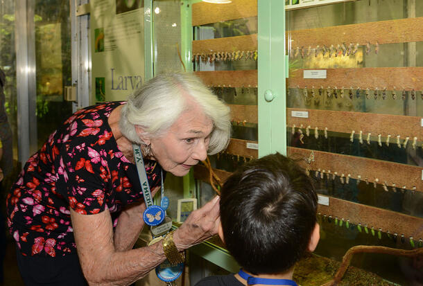 Hannah explains the contents of a vivarium display to a young visitor.