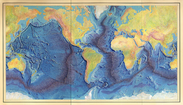 A relief map of continents and oceans.