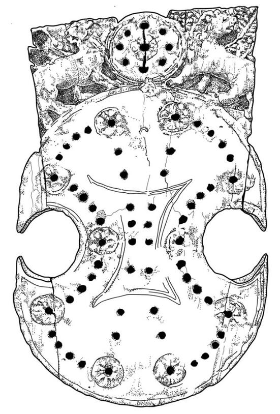 An illustration of an ancient ivory board game. The black and white drawing depicts two sets of 29 pegboard holes embellished with animal motifs.