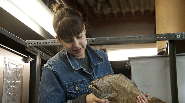 Dawn Roje, doctoral candidate at the Museum's Richard Gilder Graduate School, holds a flatfish specimen.