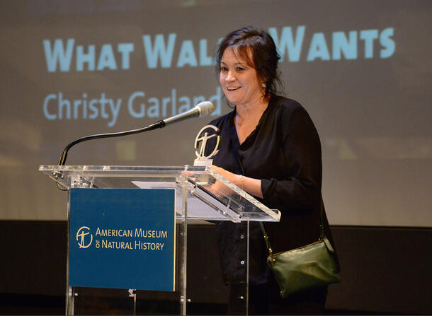Christy Garland holds the 2018 Margaret Mead Filmmaker Award and gives an acceptance speech.