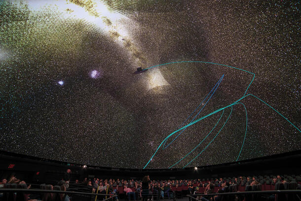 Visitors seated inside the Hayden Planetarium look up at the projections displayed on the curved overhead screen.