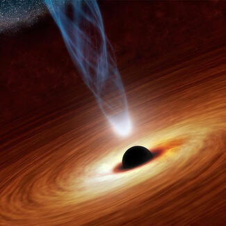 Rendering of a black hole surrounded by a swirling disk of dust and gas.