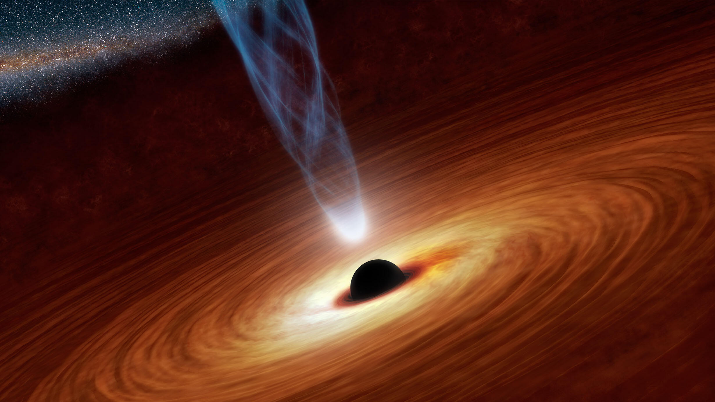 Rendering of a black hole surrounded by a swirling disk of dust and gas.