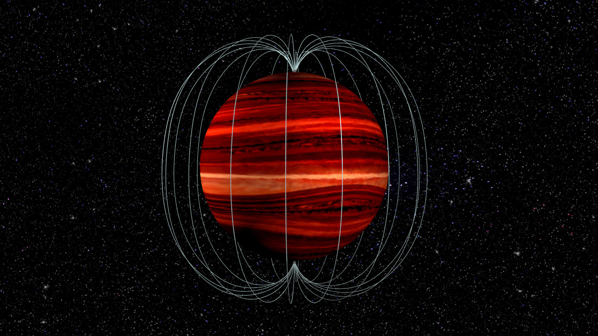 Artist's conception of a brown dwarf surrounded by its magnetic field.