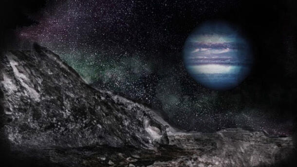 Rendering of a rocky lunar surface in the foreground and a brown dwarf visible in space beyond it.