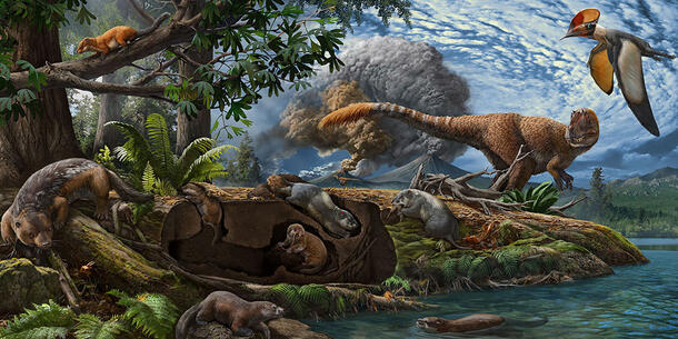 Artist rendering depicts a landscape that contains both dinosaurs and burrowing mammal ancestors.