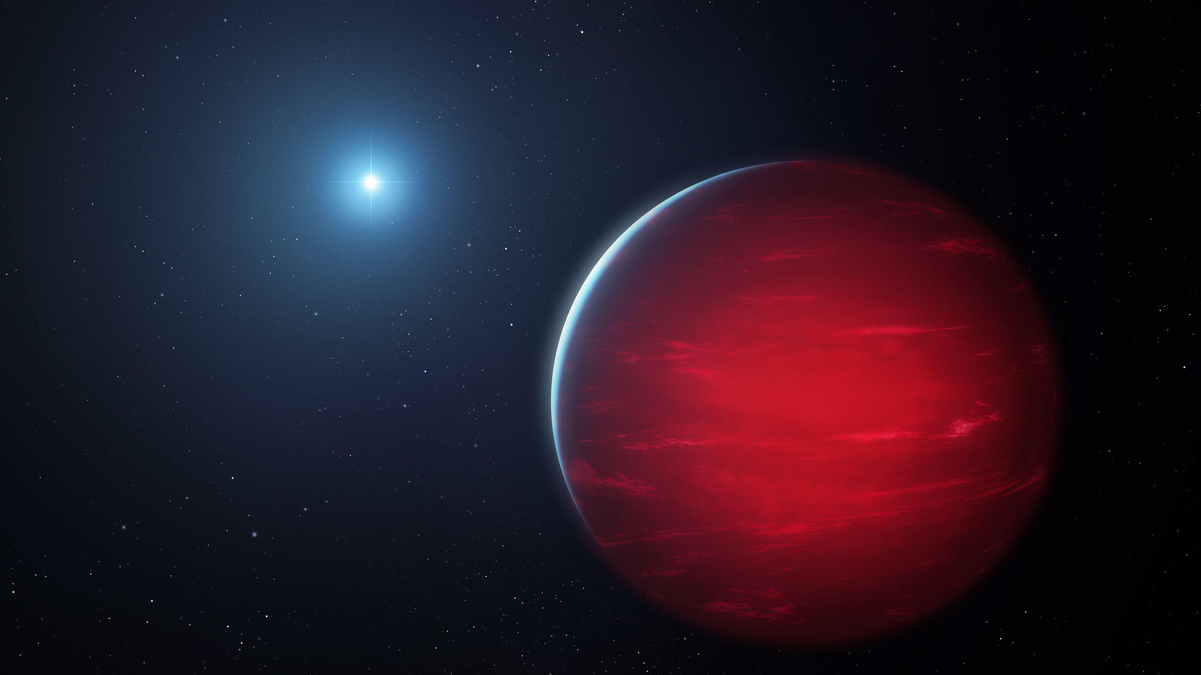 Rendering of a large planet-like dwarf in the foreground on the right, with a small bright star to it's left.