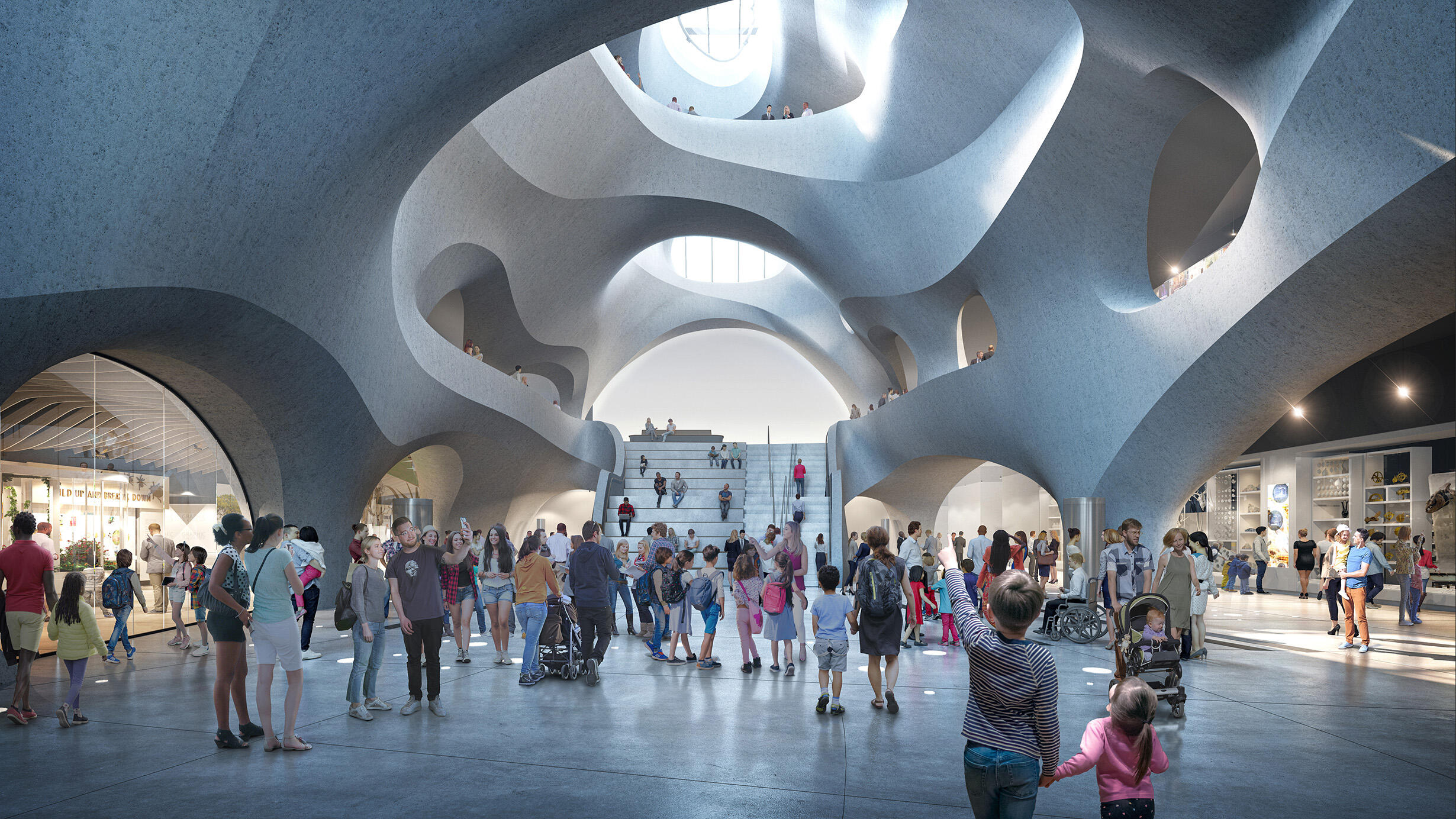 Rendering of visitors looking into a soaring, multi-level atrium with skylights.