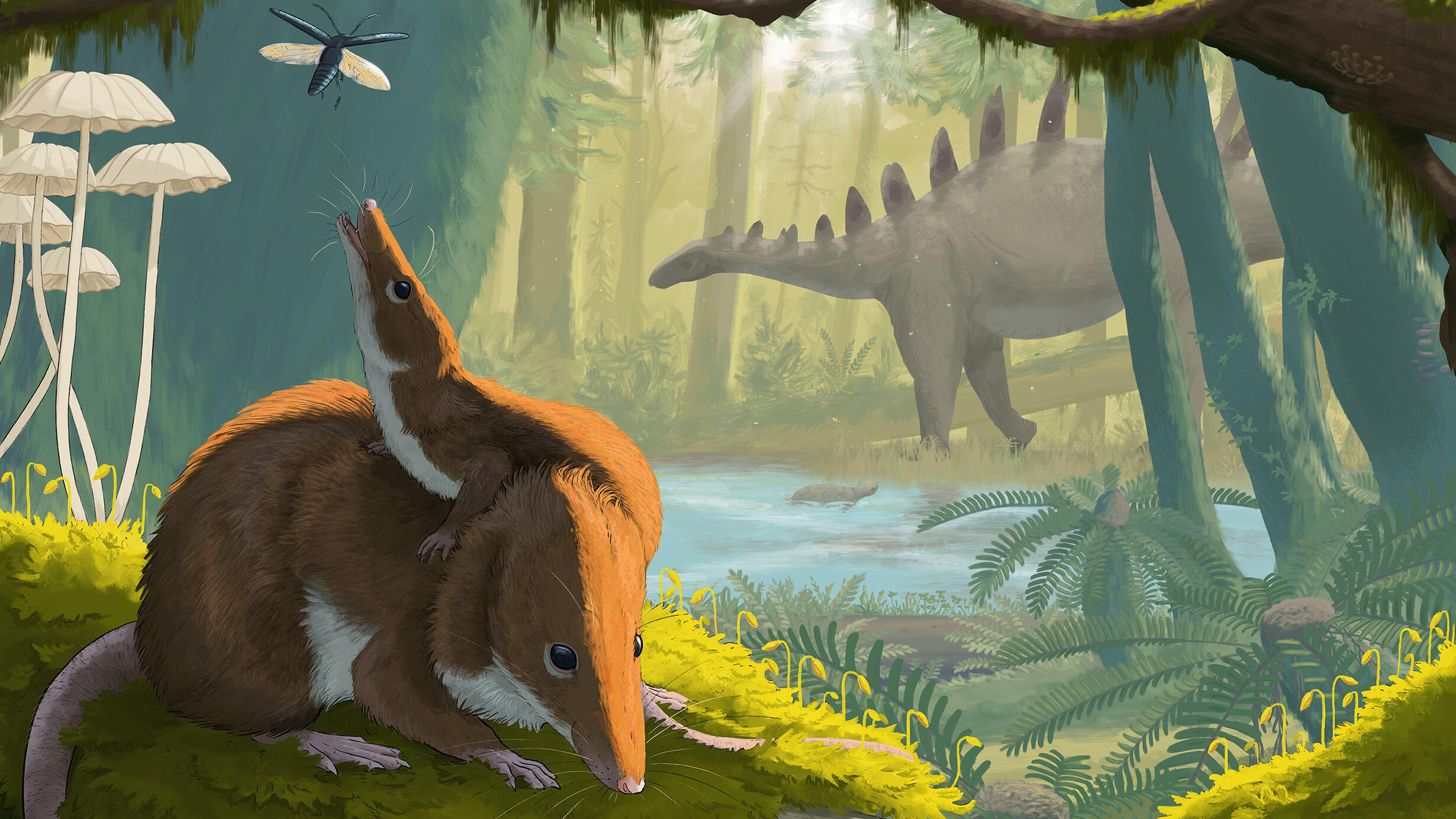 Rendering of two small mammals, a child on top of an adult, perched on a branch with a dinosaur with bony plates on its back walking in background.