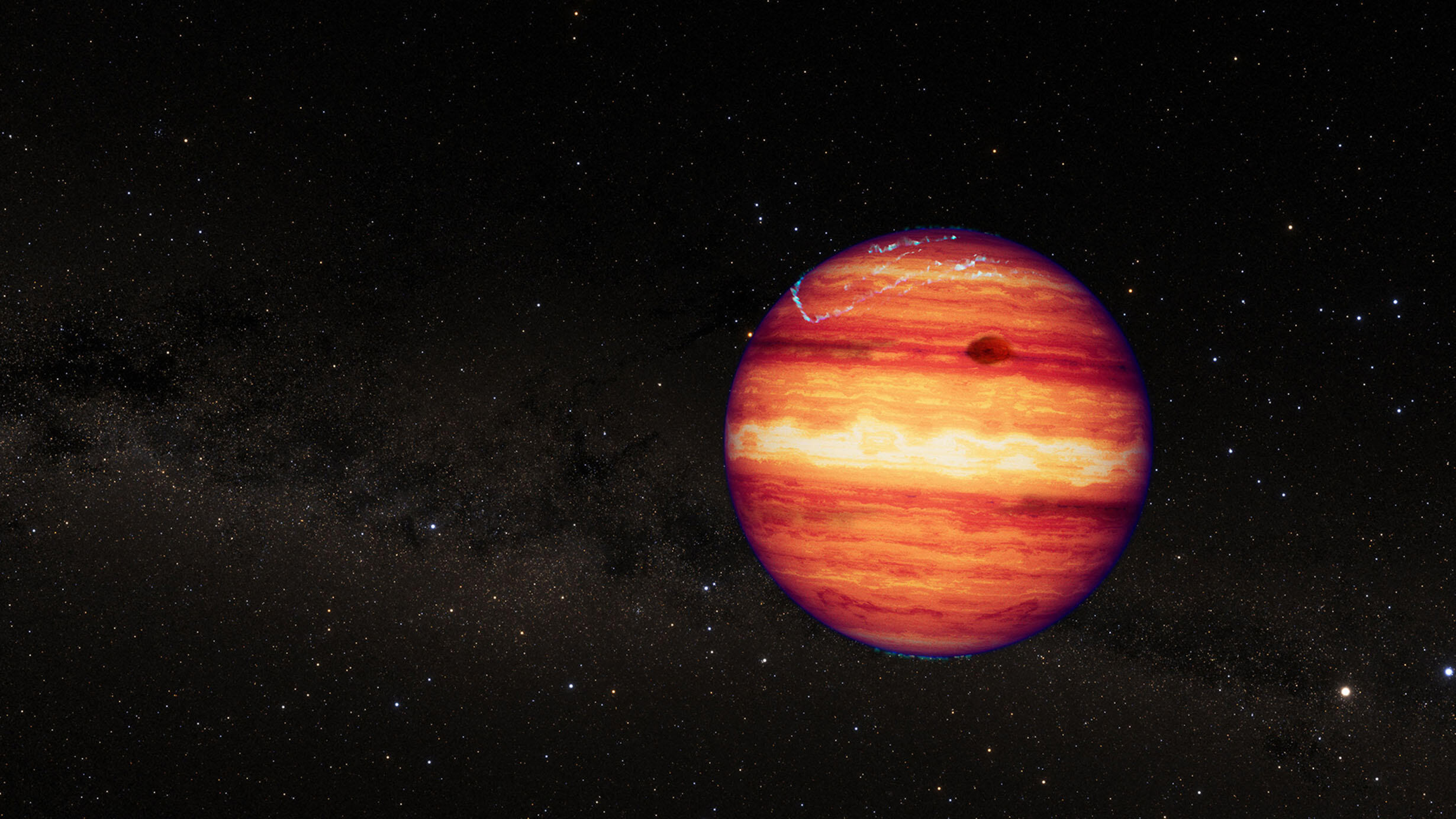 An artistic rendering of a multi-colored striped planet amidst dark, star-studded space. 