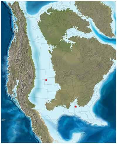 This paleomap of North America from 85 million years ago shows the fossil localities (red stars) in South Dakota and Alabama.