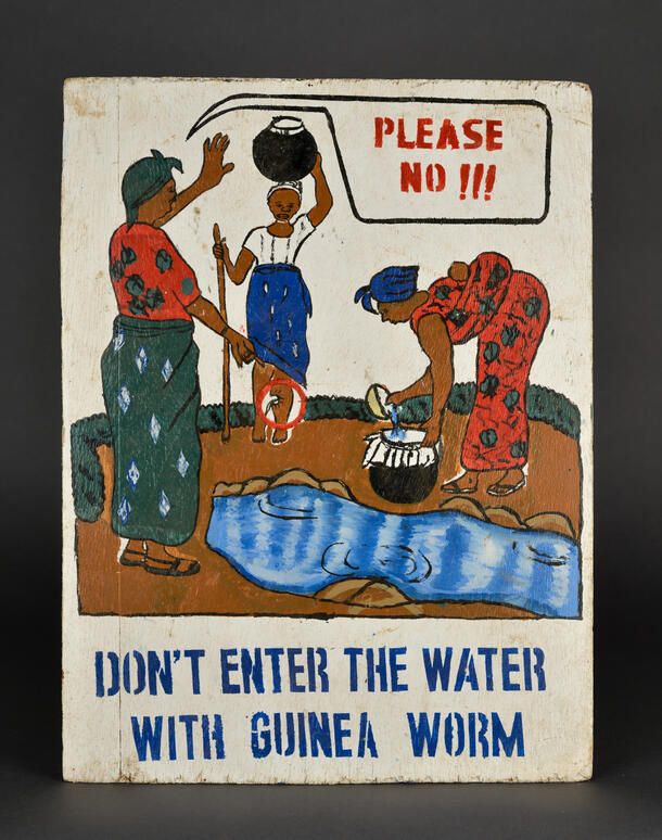 Poster warning against water contamination by guinea worm