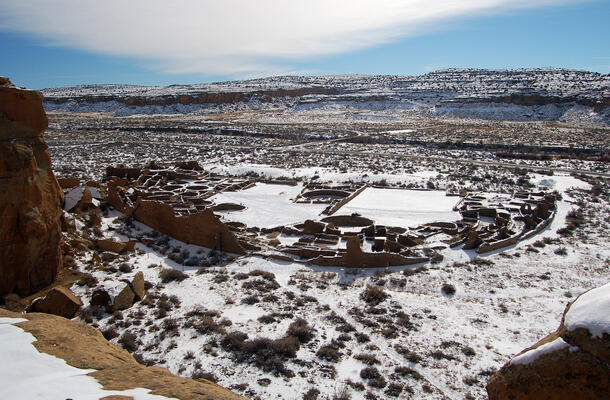 Pueblo Bonito, one of the largest structures in the Chaco Canyon site