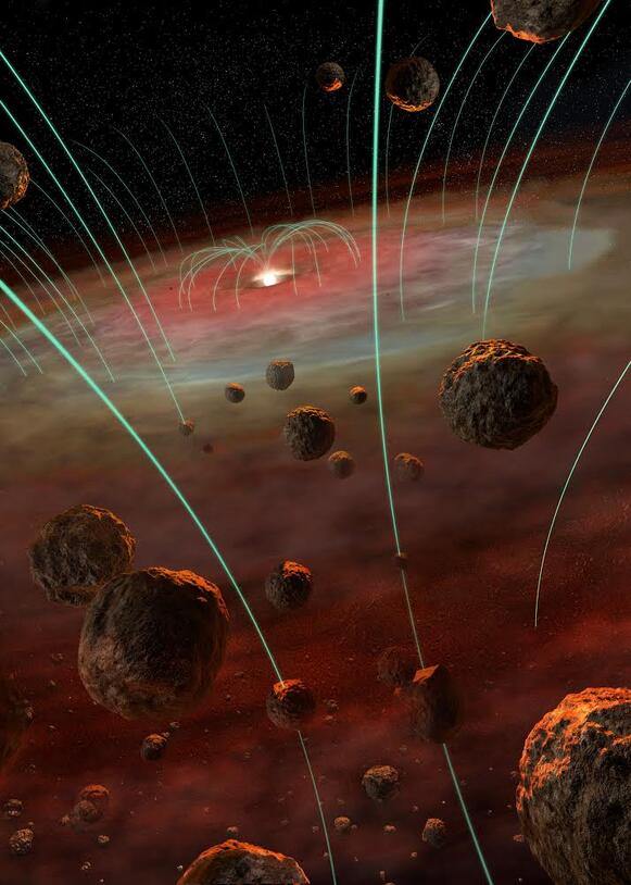 Asteroids and chondrules shown in space with green lines indicating magnetic fields in the early solar system.