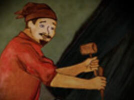 Illustration of a stonecutter with a mustache and goatee working with a hammer and nail on a large piece of stone.