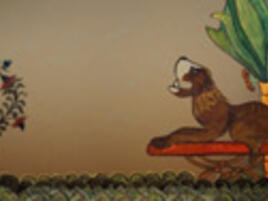Illustration of a stylized lion laying on a bench in front of a tree, across from a leafy, flowering plant.