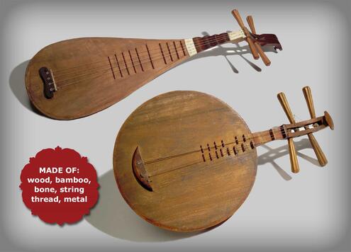 stringed instruments called pipa and moon lute that are made of wood, bamboo, bone, string, thread, and metal