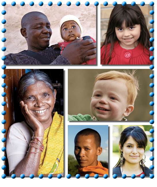 6 different photos of people from children and adults from all over the world