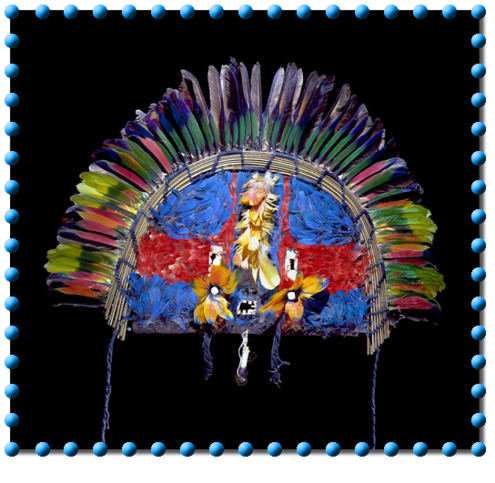 headdress made of many brightly colored feathers