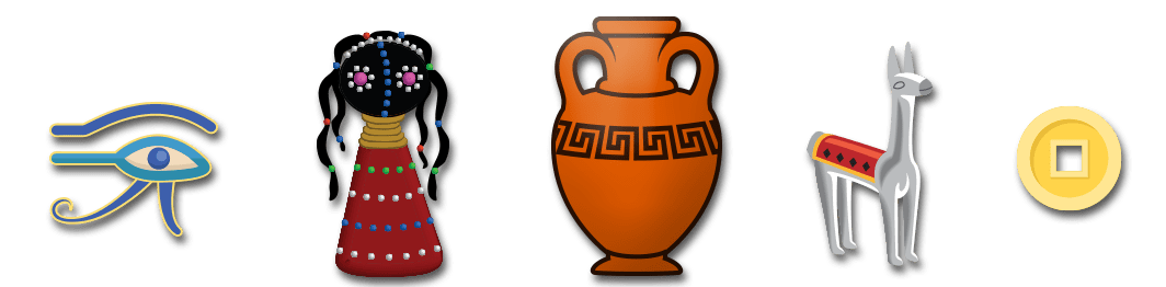 The Eye of Horus, Ndebele doll, ancient Greek vase, Peruvian llama figure, Chinese coin