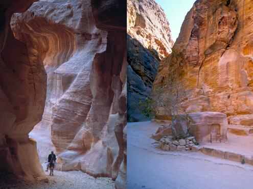 man riding a through the Siq and a monument found in it